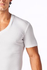 CoolWear Supima. Made in USA white v-neck undershirt. Close-up